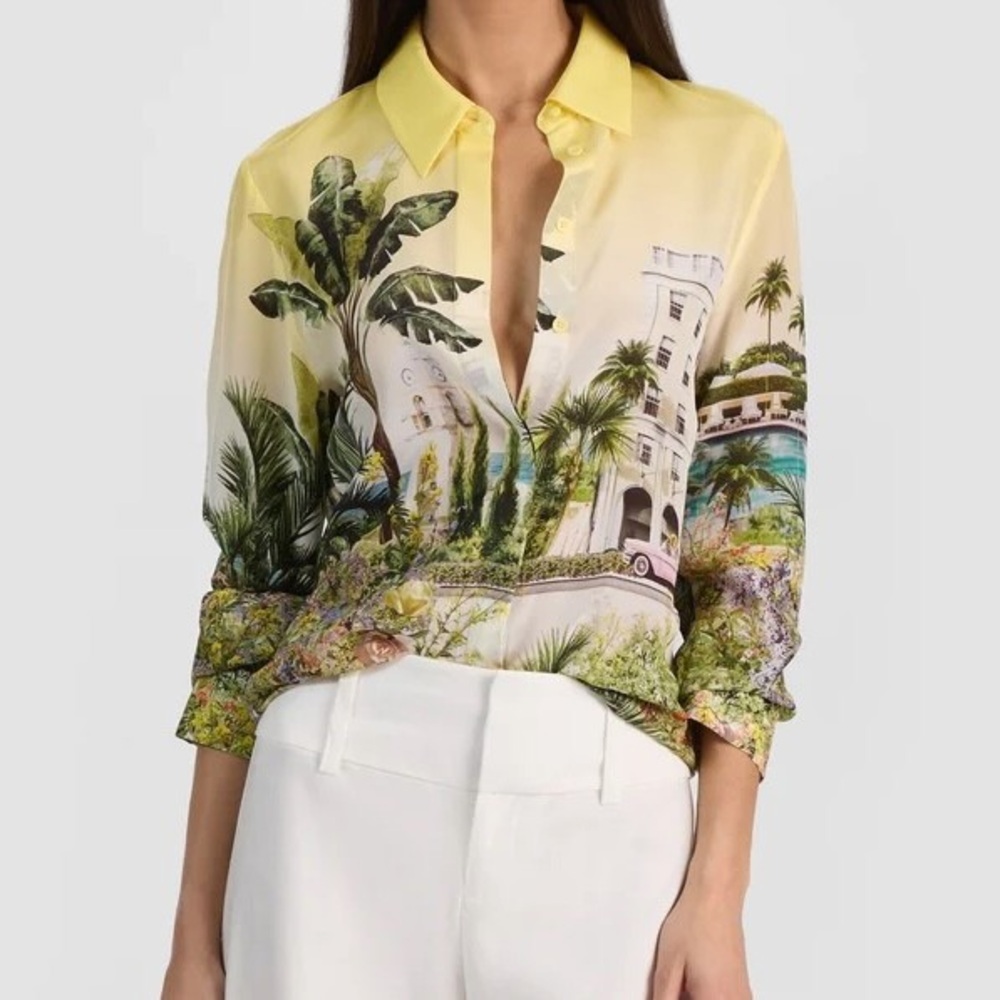 Alice + Olivia Willa Pure Paradise Print Silk Shirt Blouse Yellow Floral S